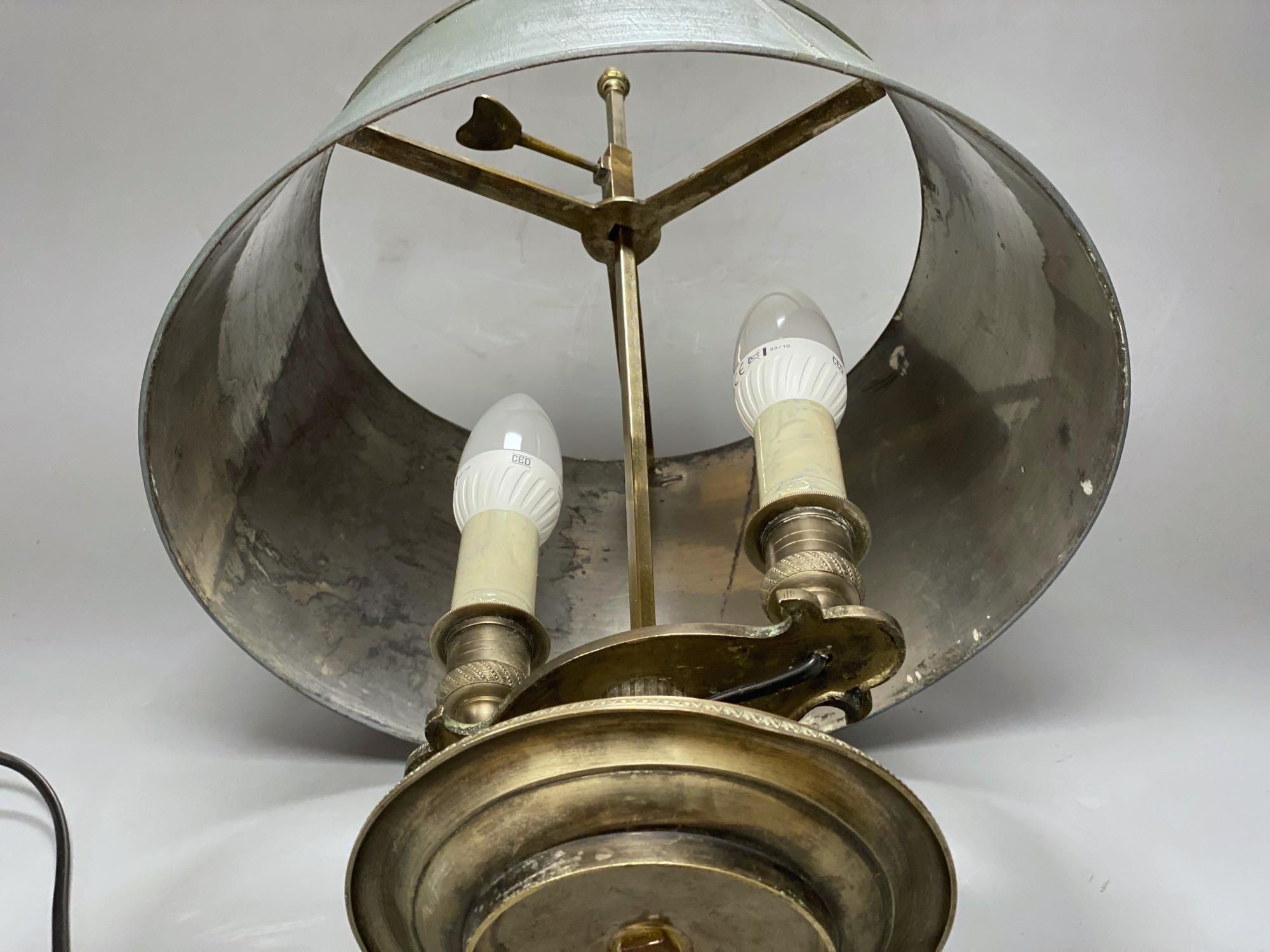 A French silver plated students lamp, with height adjustable painted tin tray, converted to electric